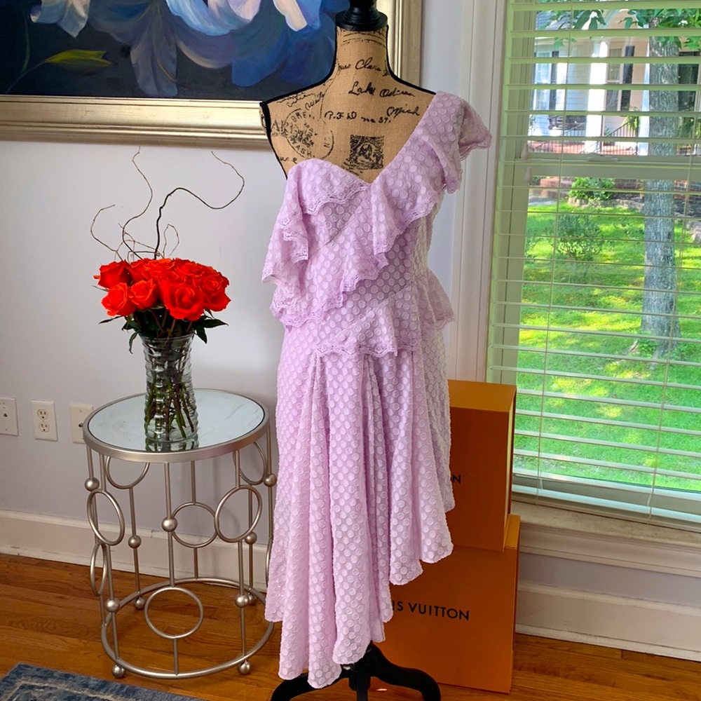 BARDOT Designer lavender purple lace cottagecore Dress M 6 8 one shoulder New